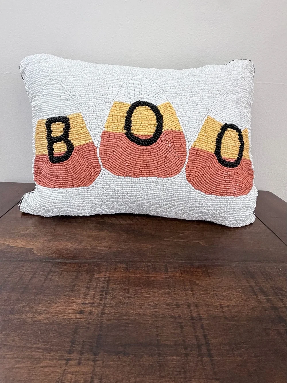Halloween Beaded Pillow Candy Corn BOO Lumbar Accent Cushion White Orange